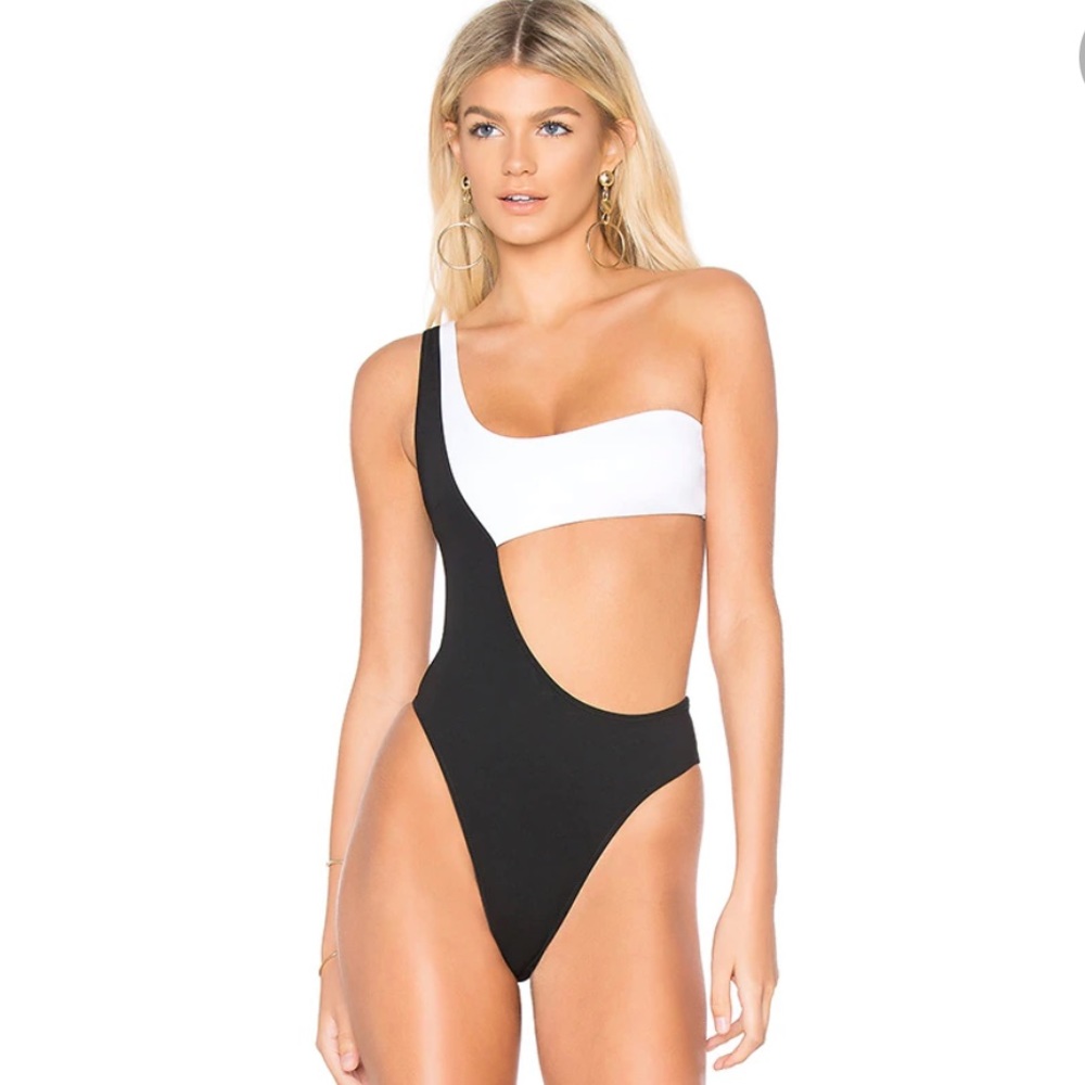 One strap bikini one piece black white - medium